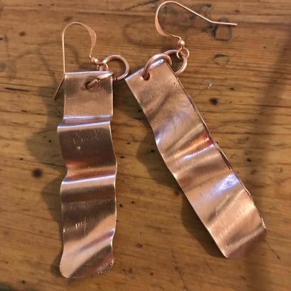 Long Pure Copper Solid Tribal Rustic Earrings Drop Boho Handmade Organic Folded - Picture 2 of 7